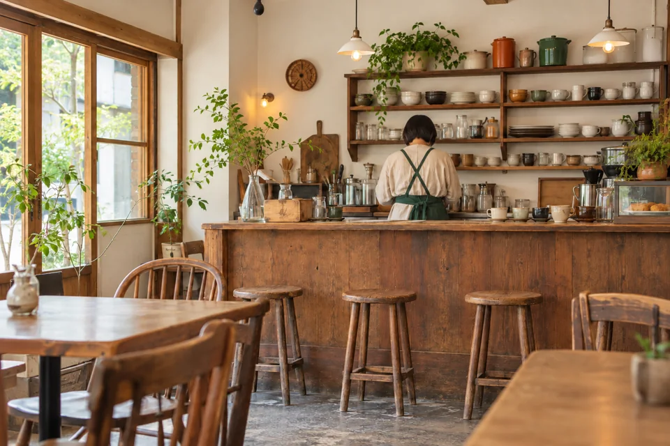 カフェのカウンターで準備をする店主の後ろ姿