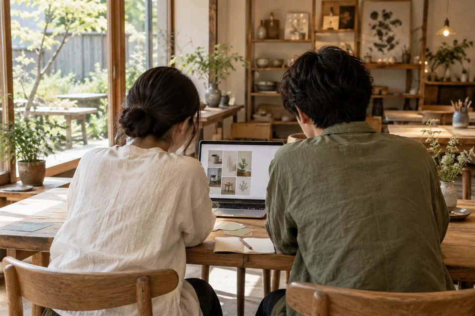 ノートPCと企画メモを囲んで相談する二人の後ろ姿