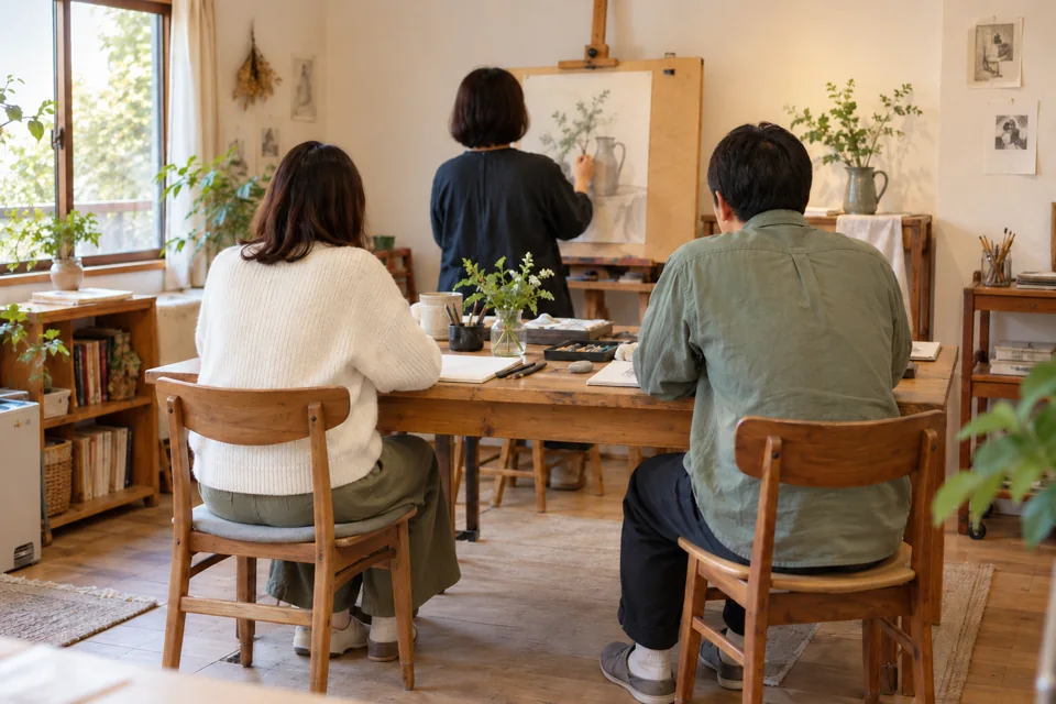 絵画教室で講師の説明を聞く受講者の後ろ姿