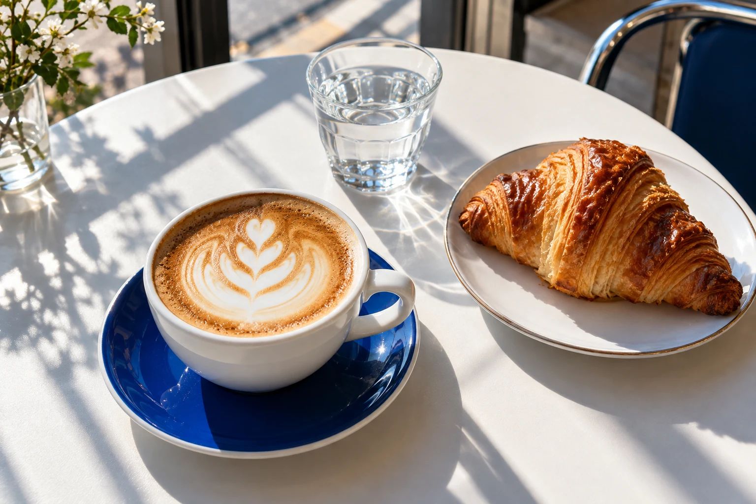青いソーサーのカップに注がれたカプチーノとクロワッサンのイメージ